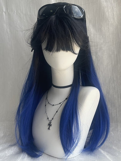Black-blue Ombre Long Straight Synthetic Wig With Bangs