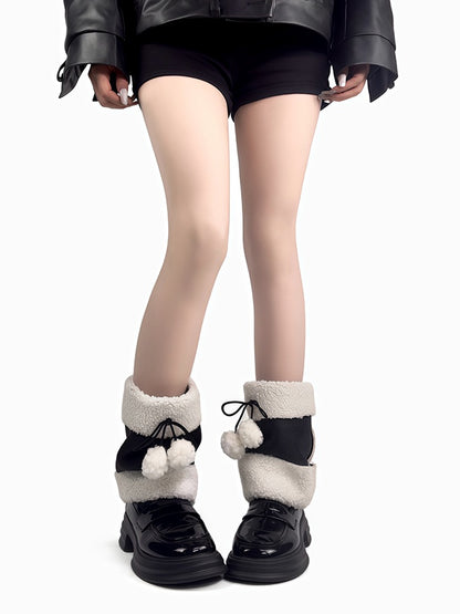 Black Y2K Bowknot Plush Cuffs Leg Warmers With Pompons