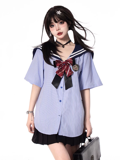 Bowtie with JK Uniform Sailor Collar Blue Striped Short Free Shirt Sleeves
