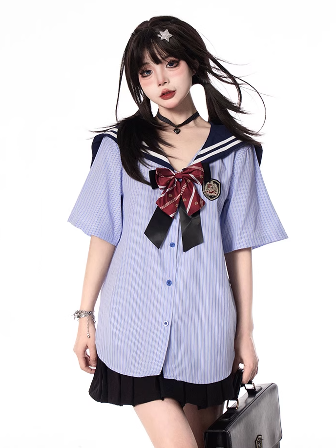 Style Pleated Skirt Double Heart Buckles Black Preppy