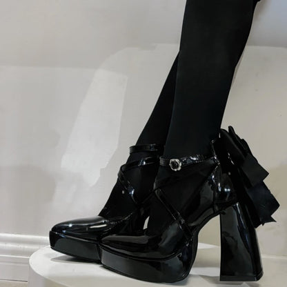 Gothic Black Detachable Bowknot Crisscross Buckle Strap Platform High Block Heels