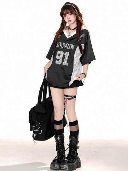 Grey/Black Lace Patchwork V-neck Sporty T-shirt