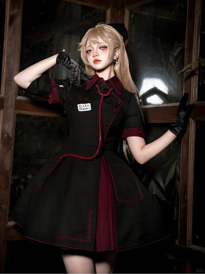 Black and Red Halloween Costume Nurse Lolita Dress Full Set