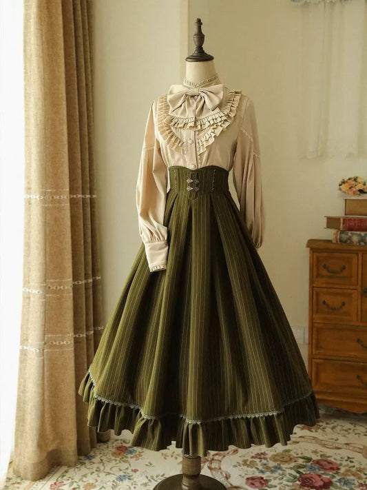Dark Green Skirt Striped Classic High Vibes Historical Pattern Waist