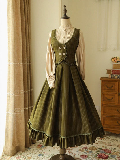 Dark Green High Waist Striped Historical Vibes Classic Skirt