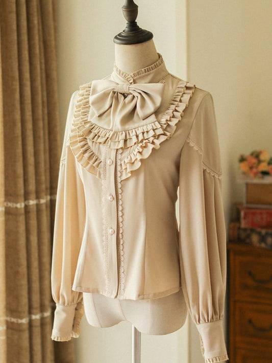Chemise Lolita classique à manches longues et col montant abricot
