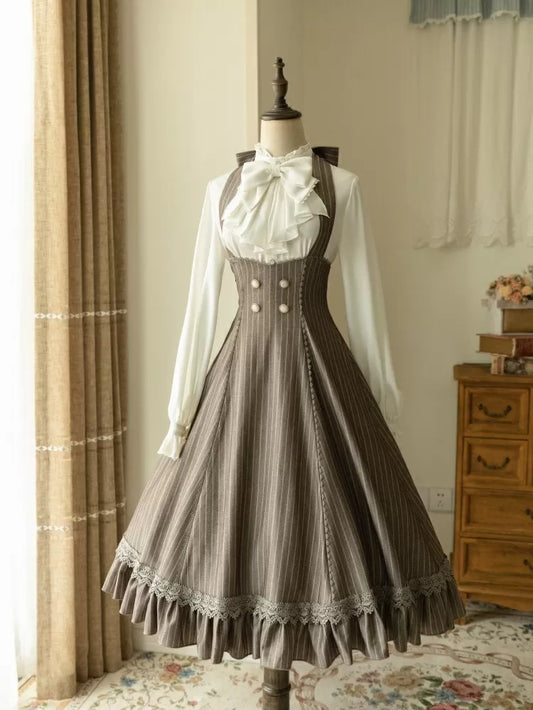 Halter Dress Underbust Stripped Vibes Pattern Neck Brown Historical