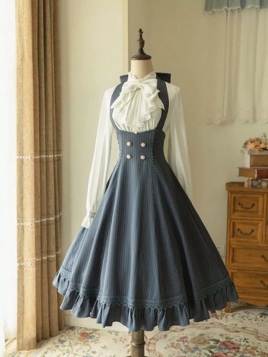 Pattern Dress Blue Dusty 1950s Neck Stripped Halter Retro Underbust