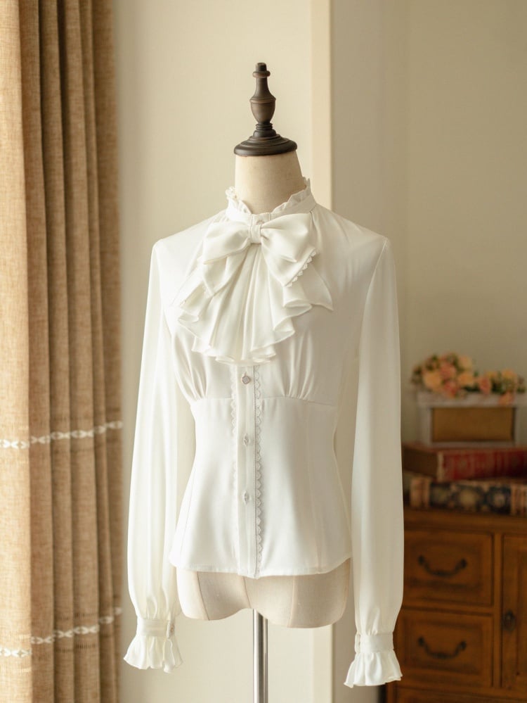 Stand Collar Long Sleeves Retro White Shirt