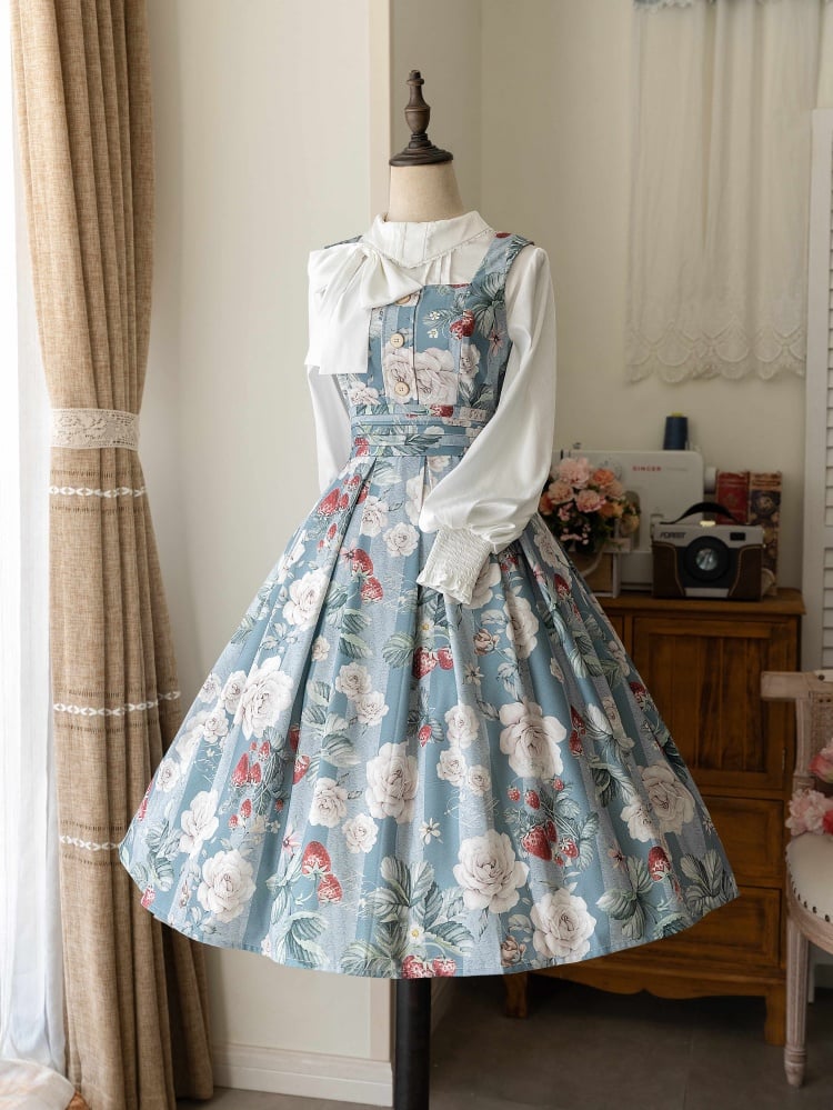 Dusty Blue Strawberry and Rose Elegant Classic Lolita Dress