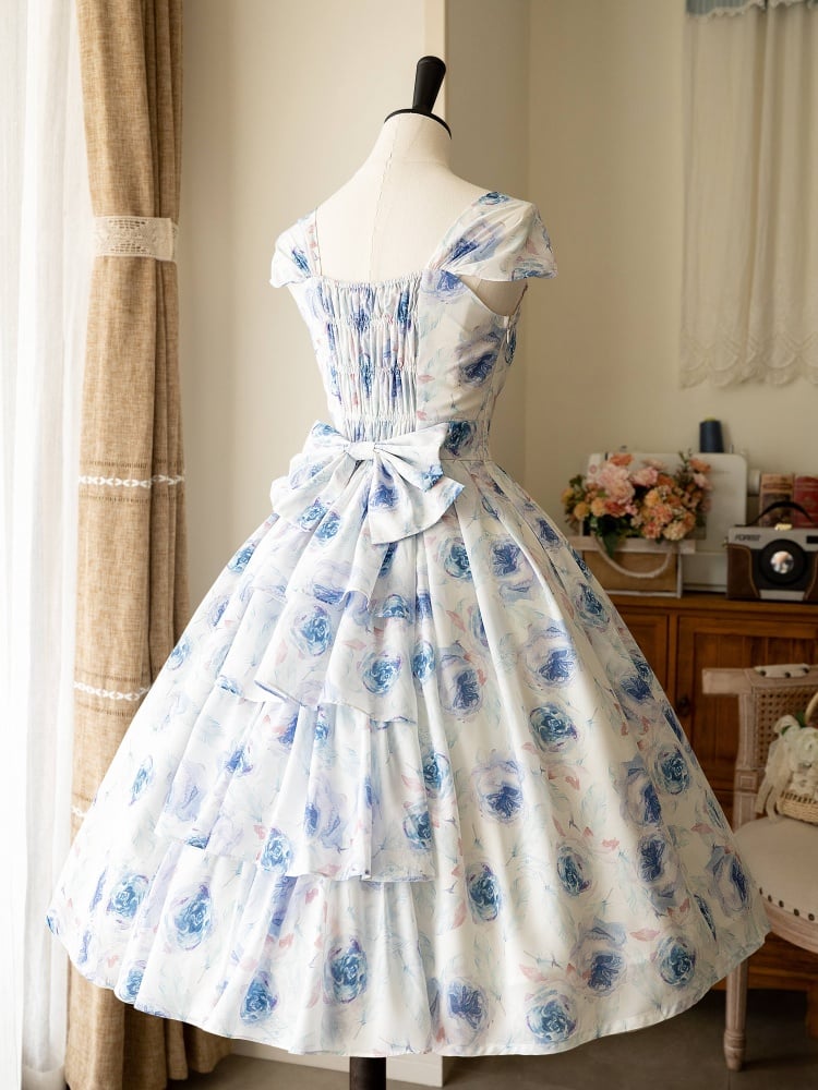 Blue Floral Print Jumper Skirt Spring Summer Dress