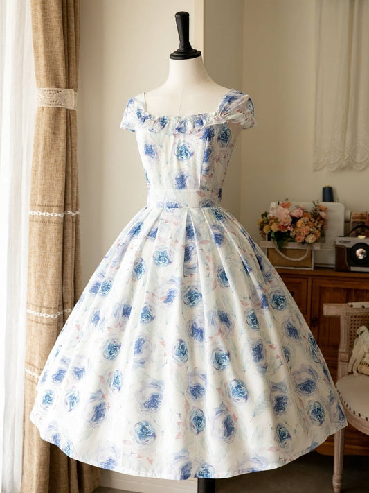 Blue Floral Print Jumper Skirt Spring Summer Dress