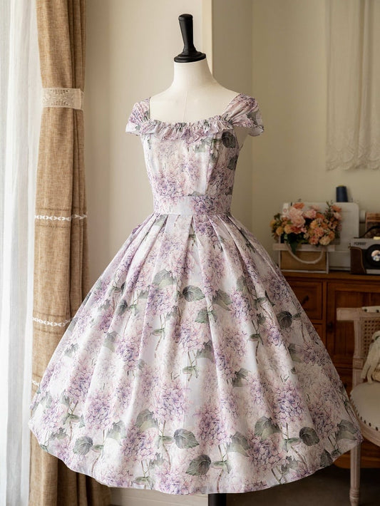 Purple Hydrangea Print Jumper Skirt Dress
