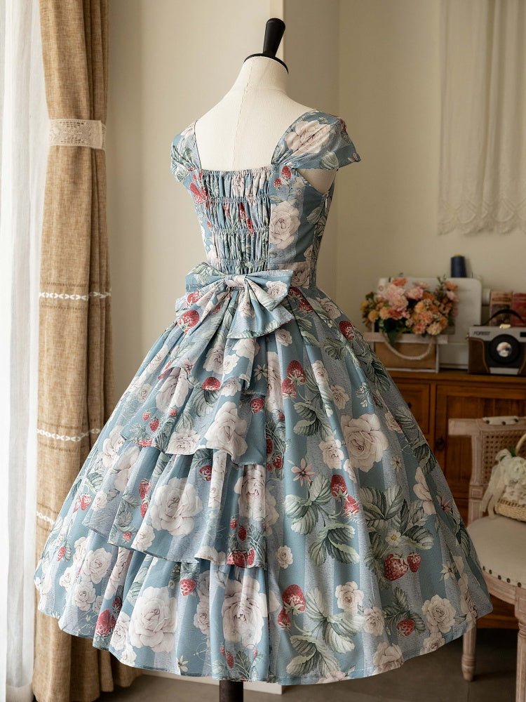 Dusty Blue Strawberry and Rose Jumper Skirt Dress