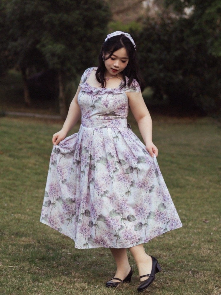 Purple Hydrangea Print Jumper Skirt Dress