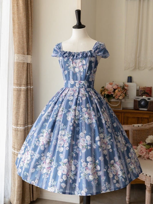 Blue Floral Elegant High Waist Jumper Skirt