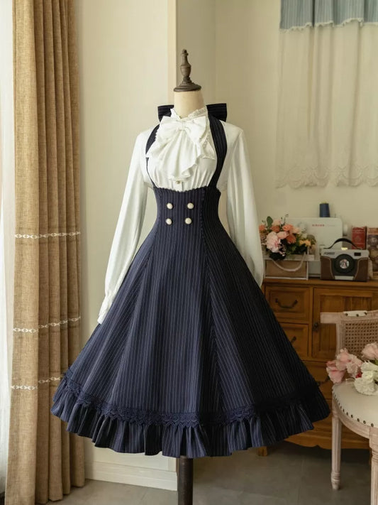 Blue Stripped Underbust Historical Dress Dark Pattern Halter Vibes Neck