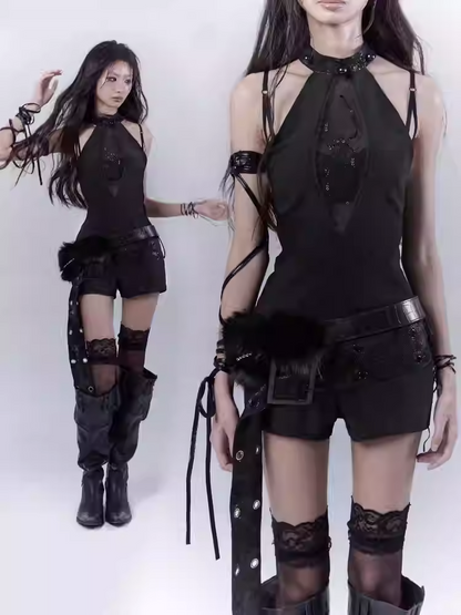 Belt Glamorous Black Halter Neck Spider Rhinestones Jumpsuit with Buckle