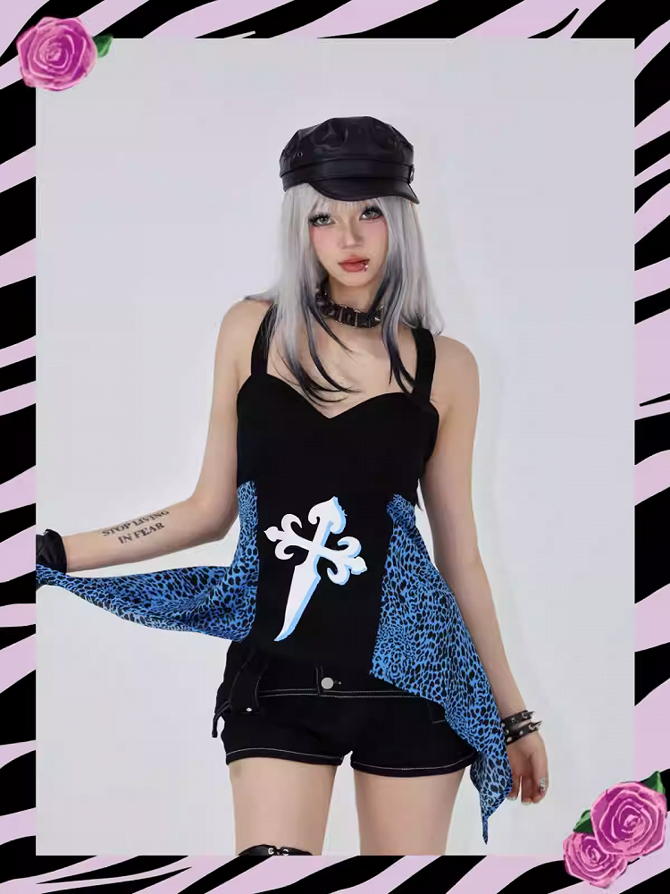 Haut sans bretelles noir glamour à patchs léopard bleus Gyaru des années 2000