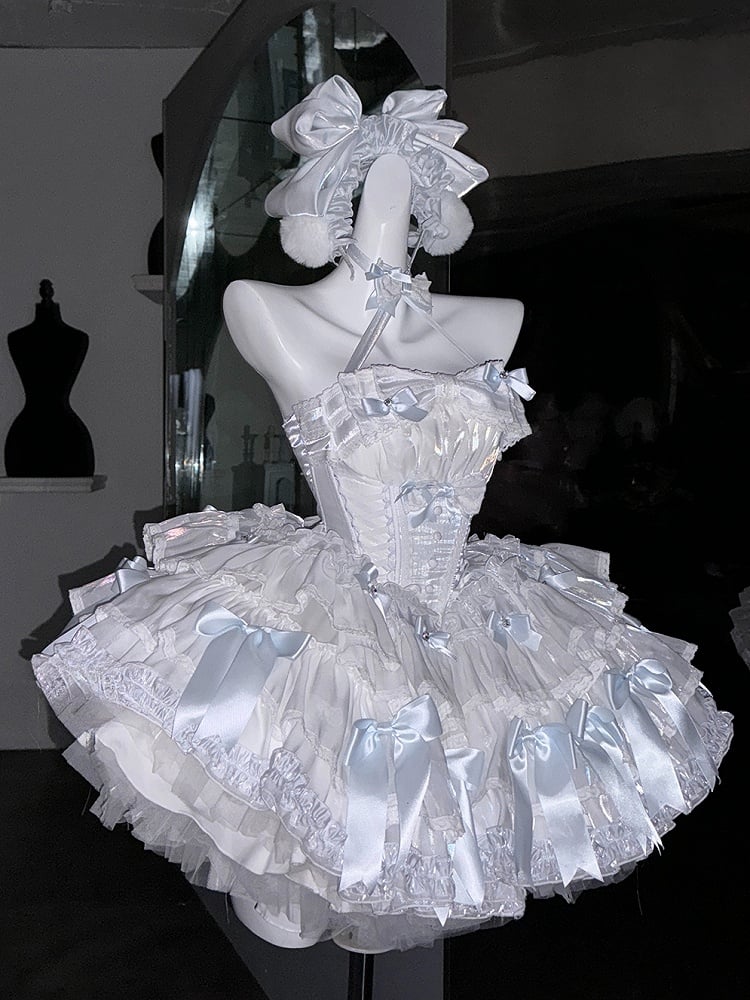 Blue and White Basque Waist Satin Bows Strapless Puffy Dress Full Set