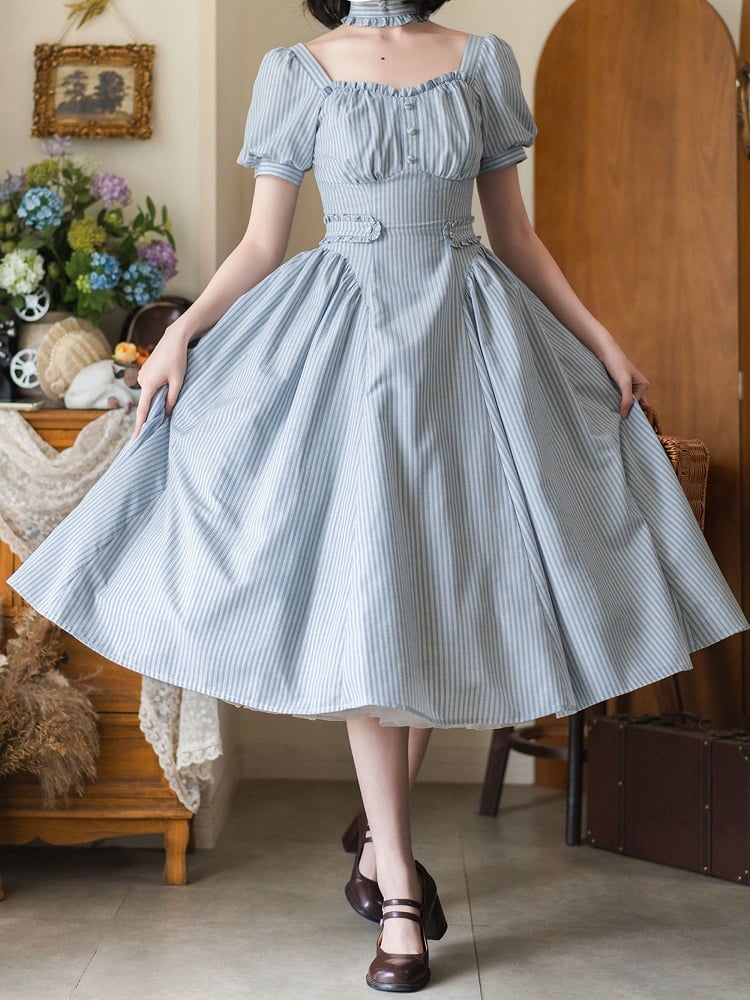 Neckline Sleeves Puff Retro Striped Fabric Blue Dress Square Fashion Vintage