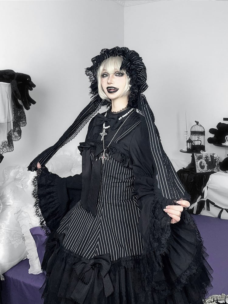 Jupe pull gothique Lolita à double épaisseur avec nœuds rayés noirs