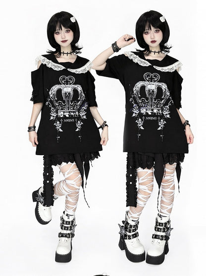 with Purple Crown White and Print Shoulders - Cutout / T-Shirt Collar Black Beaded Sailor