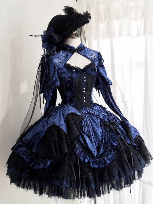 Dark Blue Detachable Long Bell Sleeves Snake Bones Embroidery Velvet Top
