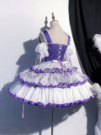 Outfit Bavaria - White Purple Octoberfest Corset Set Grape Embroidery Apron Skirt + Tiered Style Full Lolita Top
