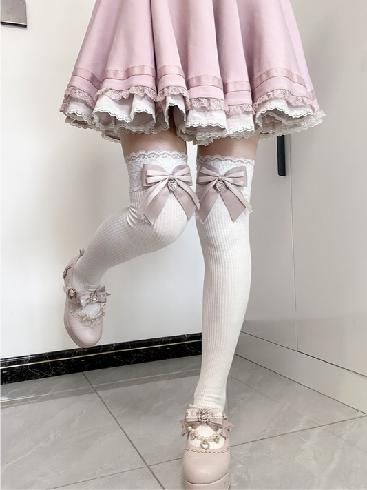 Dusty Pink Bow Detail Front Heart Rhinestone Jirai Kei Over Knee Stockings
