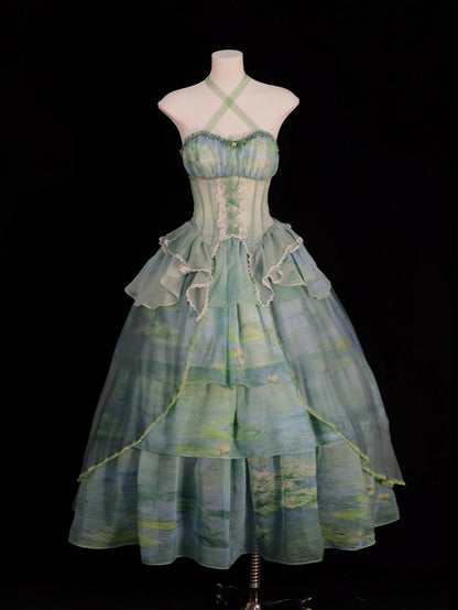 Fairy Oil Tiered Flounce Hem Halter Boned Corset Top Green Painting Print