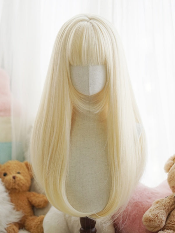 Black/White/Light Blonde/Blonde/Caramel/Grey Long Straight Wig With Full Bangs