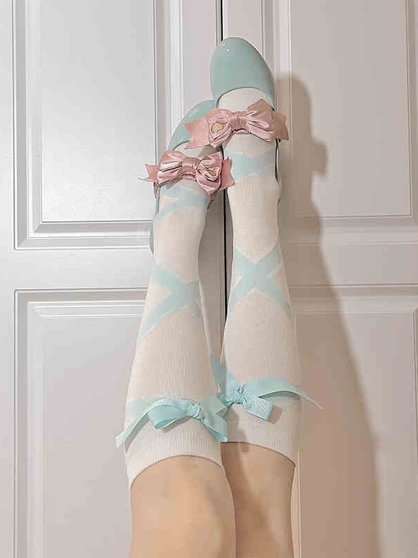 Ribbons Print and Bowknot Knee-Length Stockings