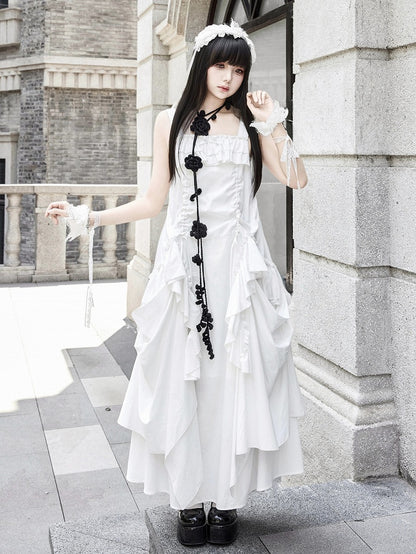 Dress Loose White Goth Ruffles Design Drawstring Cascading