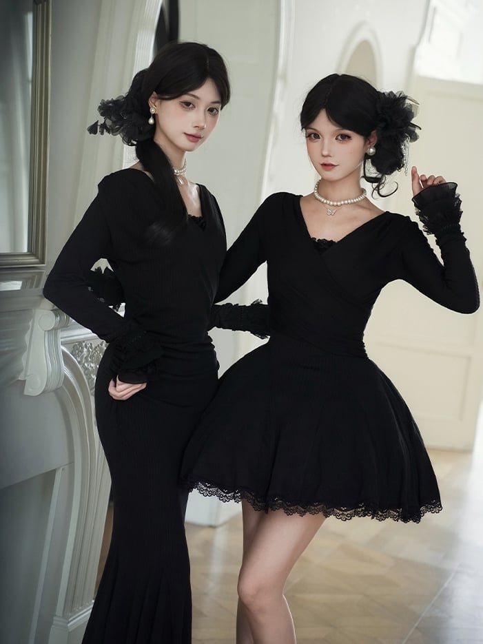 Dress Trims with V-Neck Lace Sleeves Knit Black Deep Short Long