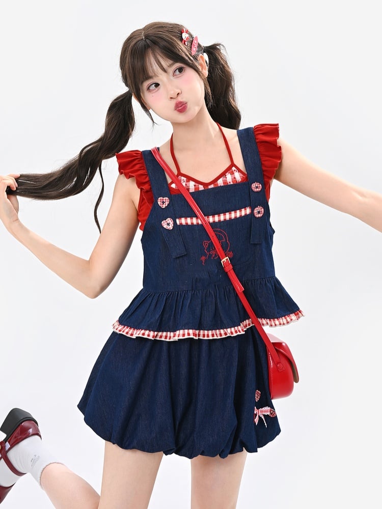 Red Plaid Hem Kitty Embroidery Buttons Heart Blue Sleeveless Top