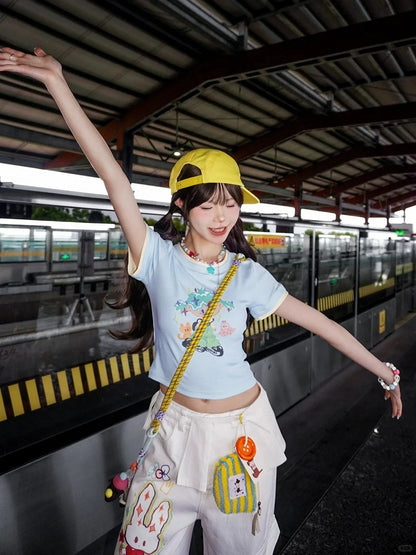 with Necklace Cartoon Girl Print Blue Round Neck Cropped T-shirt Free