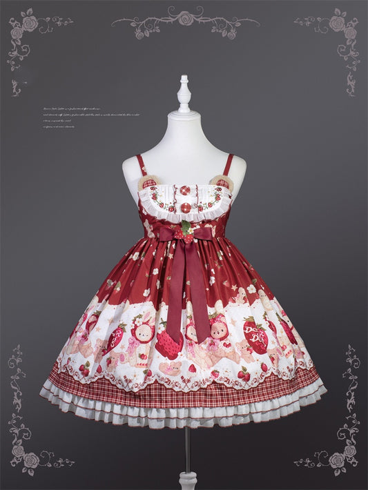 Robe Sweet Lolita rouge vin fraise ours jupe pull country cottagecore