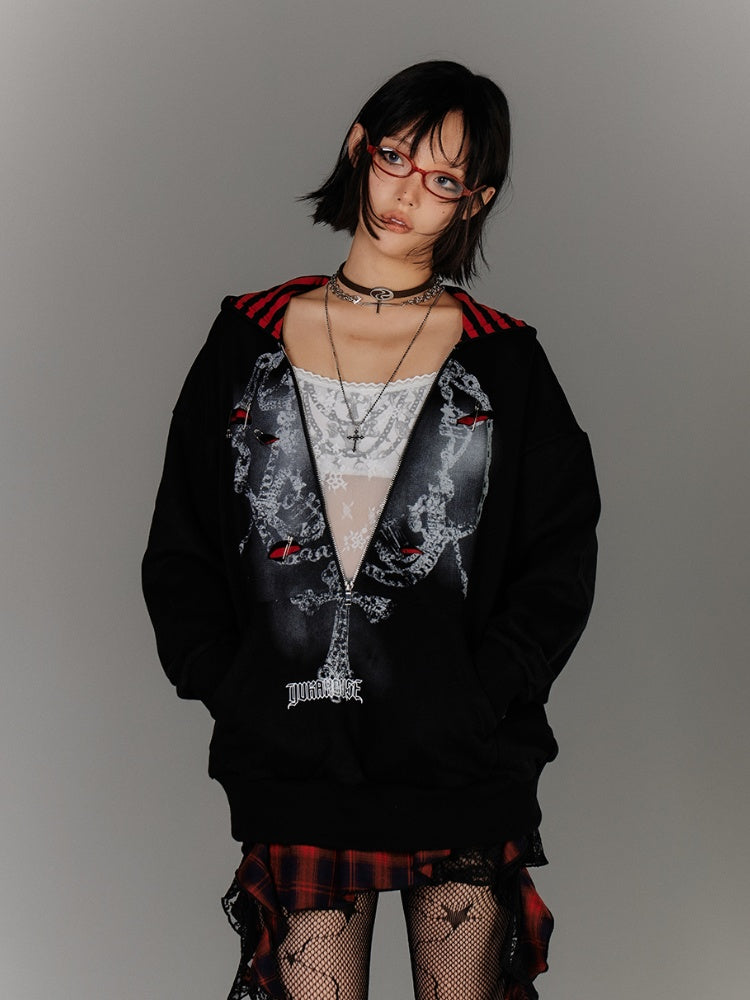 Two-pieces Hoodie Graphic Accents Holes Y2K Black Distressed Pin Faux