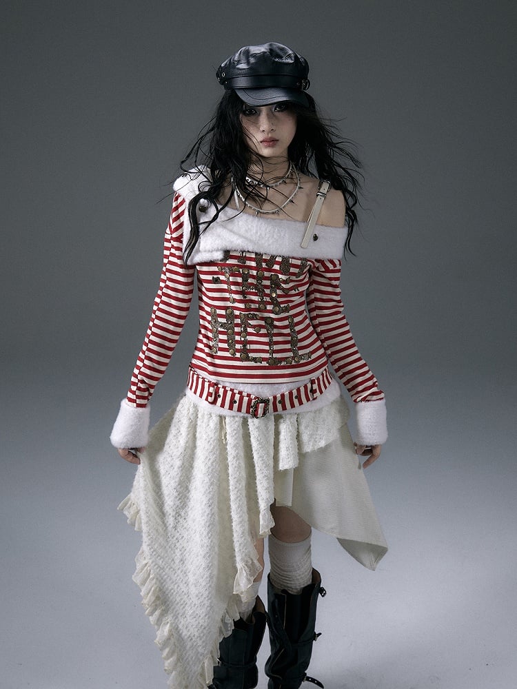 Red&White Stripes Letter Top with Detachable Plush Collar