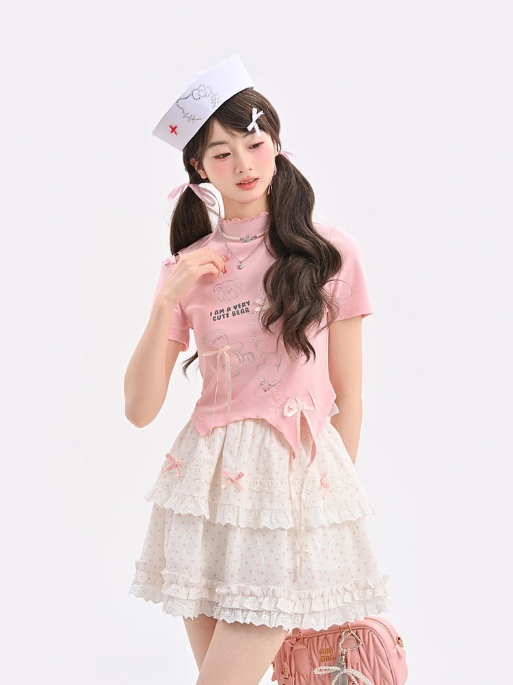 T-Shirt Hem Curved Pink Ruffle Neckline Teddy Bear Rhinestones Bowknot Accents