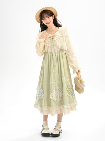 Beige Ruffled Trim Open Placket Lace Top
