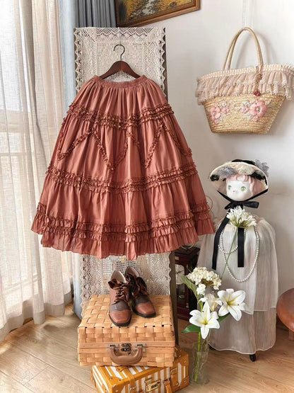 Elastic 82cm Under Red Waist Ruffled Brick Skirt