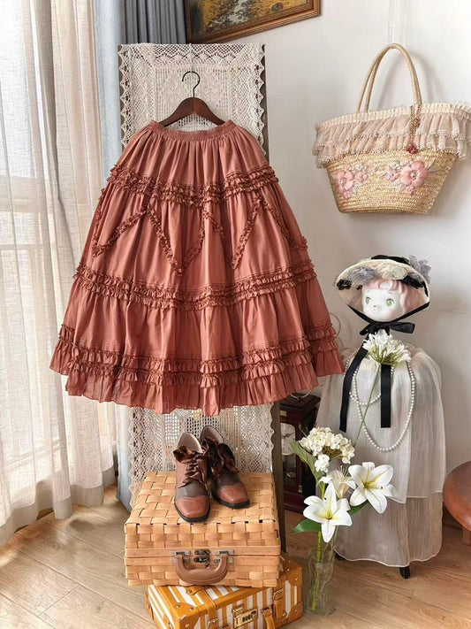 Elastic 82cm Under Red Waist Ruffled Brick Skirt