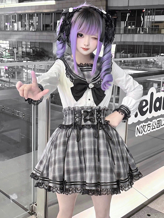 Plaid Gray Kei Style Waist Jirai High Skirt Lace-up with