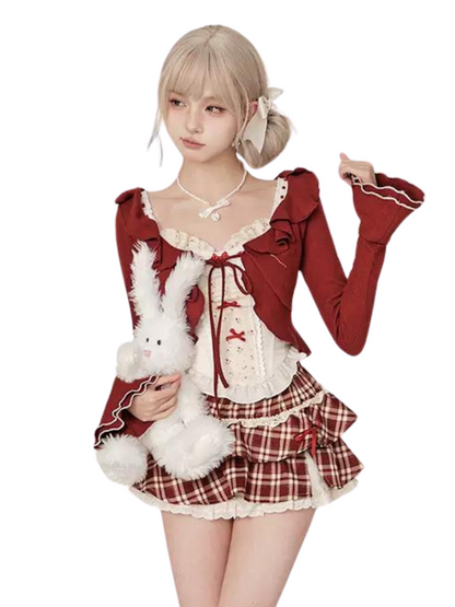 Wine Cherry Red Skirt + Top Waist Vest Cardigan Red Summer Red Check + High Sweet Suit