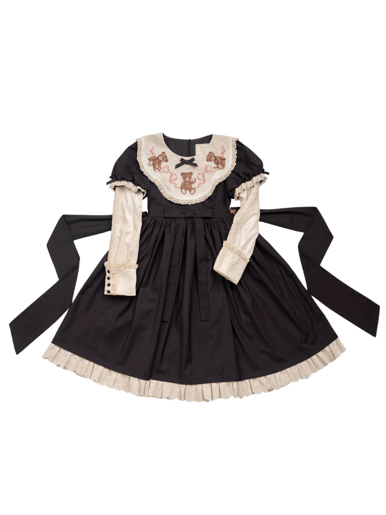 ロリータテディベアフラップレースパフスリーブリボンデレス