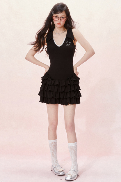 Slim Cake Dress Fit Sleeveless Chic Ruffle V-Neck