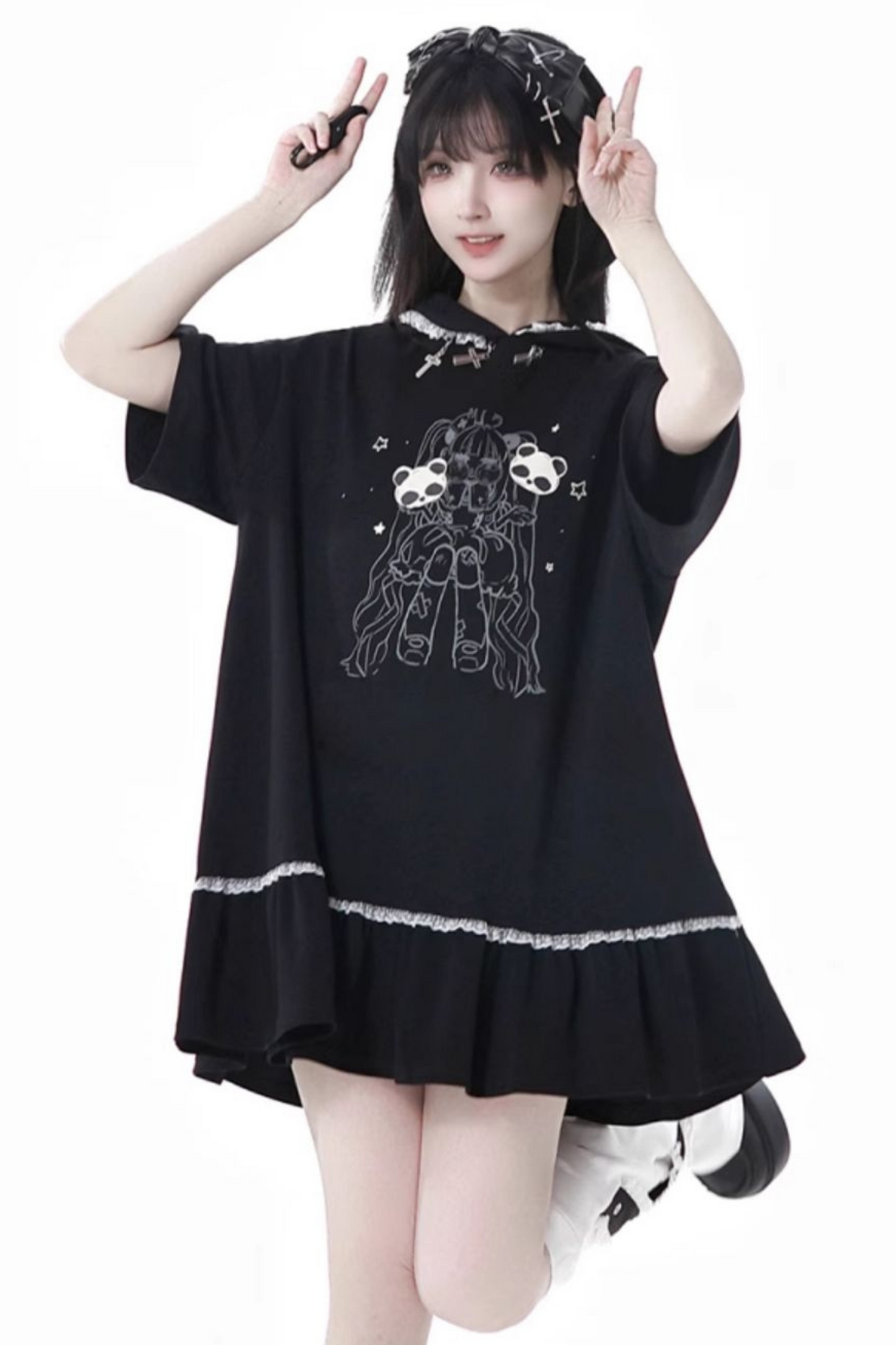 Loose Pants Top Frilled Hooded + Warmers Leg Half Dress Nektor