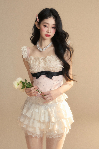 Reservations Top Tight Sleeveless Lace Dot Girly